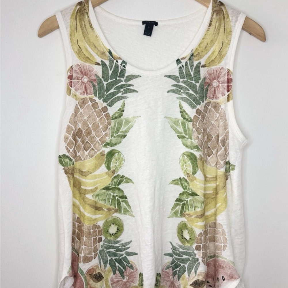 J CREW Women’s 100% Linen Sleeveless White Tropical Fruit Salad Print Top MEDIUM